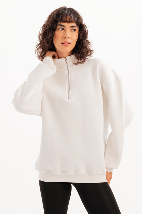 JUSTEVER Oversize Fit Stehkragen Halbreißverschluss Raised Ecru Damen-Sweatshirt - Cass - Image 4