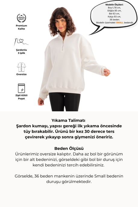 JUSTEVER Oversize Fit Stehkragen Halbreißverschluss Raised Ecru Damen-Sweatshirt - Cass - Image 5