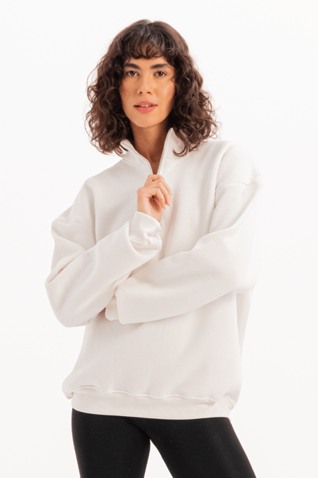 JUSTEVER Oversize Fit Stehkragen Halbreißverschluss Raised Ecru Damen-Sweatshirt - Cass - Image 6
