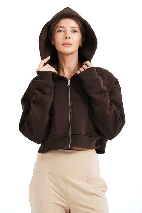 JUSTEVER Crop-Hoodie mit Reißverschluss, Kängurutasche und erhöhtem Schnitt, Farbe: Bitter Coffee, Damen-Sweatshirt - Lumen - Image 1