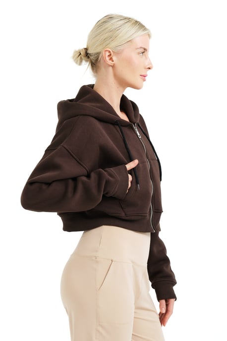 JUSTEVER Crop-Hoodie mit Reißverschluss, Kängurutasche und erhöhtem Schnitt, Farbe: Bitter Coffee, Damen-Sweatshirt - Lumen - Image 3