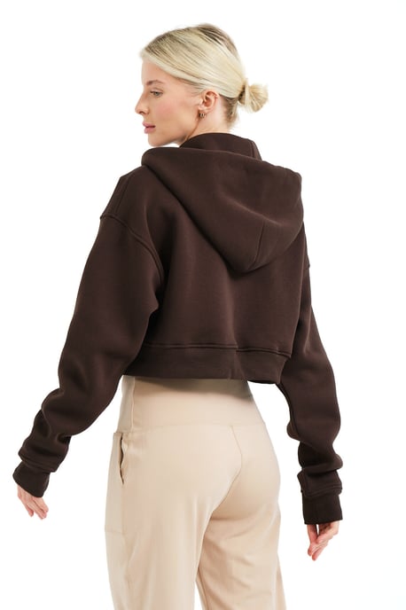 JUSTEVER Crop-Hoodie mit Reißverschluss, Kängurutasche und erhöhtem Schnitt, Farbe: Bitter Coffee, Damen-Sweatshirt - Lumen - Image 4