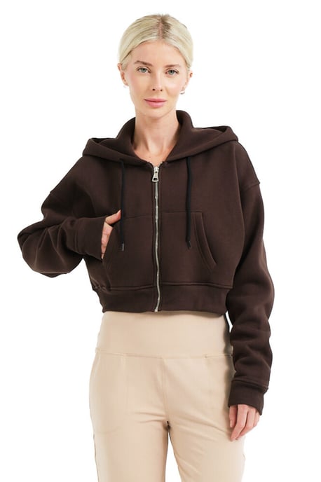 JUSTEVER Crop-Hoodie mit Reißverschluss, Kängurutasche und erhöhtem Schnitt, Farbe: Bitter Coffee, Damen-Sweatshirt - Lumen - Image 5