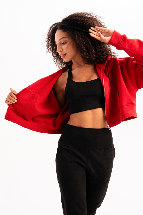 JUSTEVER Crop-Hoodie mit Reißverschluss, Kängurutasche und erhöhtem Bund, rot, Damen-Sweatshirt - Lumen - Image 4