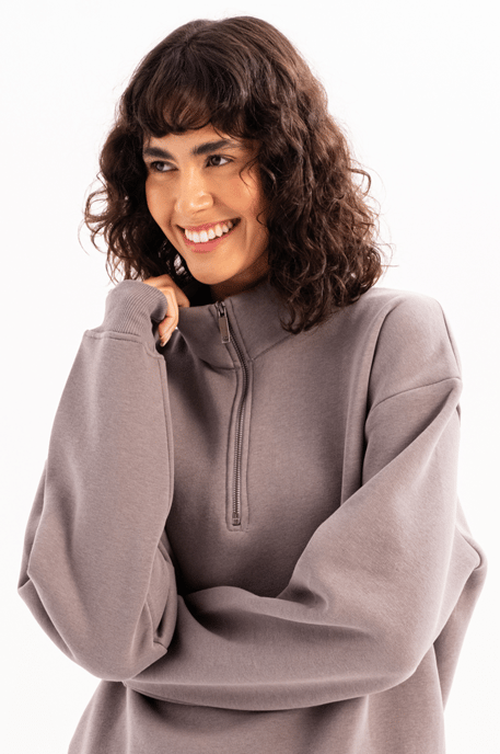 JUSTEVER Oversize Fit Stehkragen Halbreißverschluss Graues Damen-Sweatshirt - Cass - Image 5
