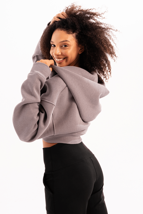 JUSTEVER Crop-Hoodie mit Reißverschluss, Kängurutasche und erhöhtem Bund, graues Damen-Sweatshirt - Lumen - Image 2