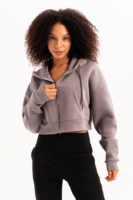 JUSTEVER Crop-Hoodie mit Reißverschluss, Kängurutasche und erhöhtem Bund, graues Damen-Sweatshirt - Lumen - Image 5