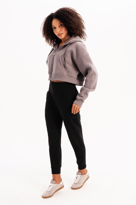 JUSTEVER Crop-Hoodie mit Reißverschluss, Kängurutasche und erhöhtem Bund, graues Damen-Sweatshirt - Lumen - Image 6