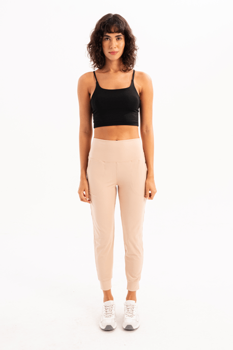 JUSTEVER High Waist Elastic Pocket Relaxed Cut Jogger Beige Women's Tracksuit Bottoms - Beat - Image 1