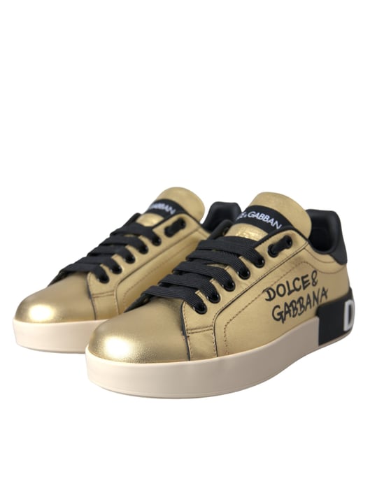 Dolce & Gabbana Gold Portofino Kalbleder Sneakers Damen Schuhe - Image 3