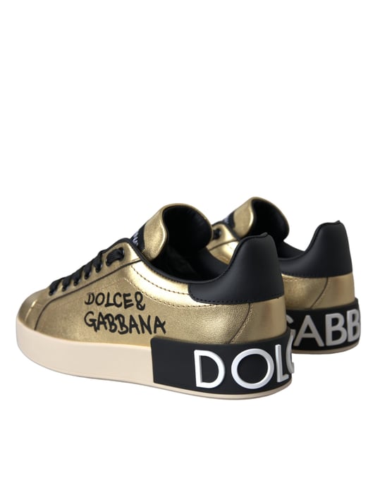 Dolce & Gabbana Gold Portofino Kalbleder Sneakers Damen Schuhe - Image 4