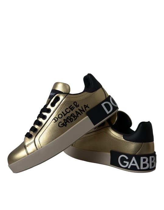 Dolce & Gabbana Gold Portofino Kalbleder Sneakers Damen Schuhe - Image 6