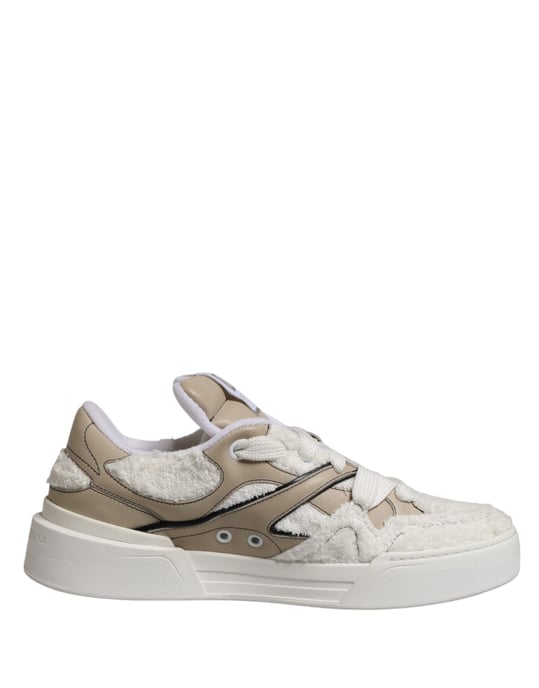 Dolce & Gabbana Weiße Beige Kunstfell Low Top Sneakers Schuhe - Image 2