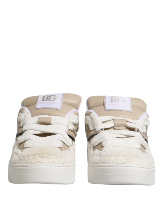 Dolce & Gabbana Weiße Beige Kunstfell Low Top Sneakers Schuhe - Image 3