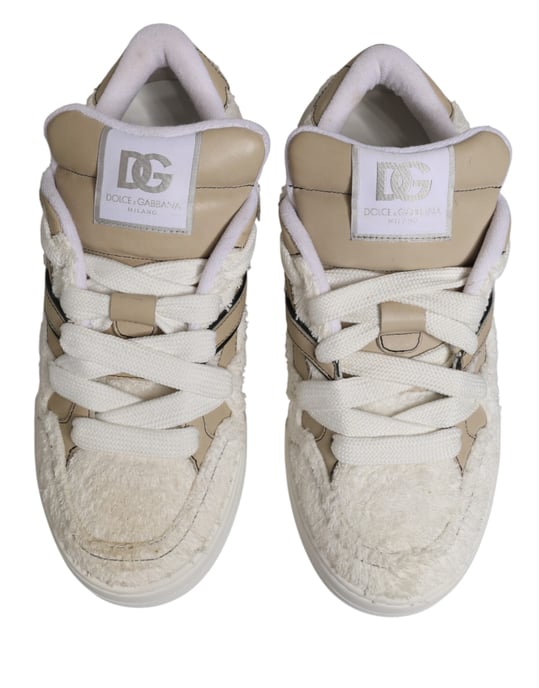 Dolce & Gabbana Weiße Beige Kunstfell Low Top Sneakers Schuhe - Image 4