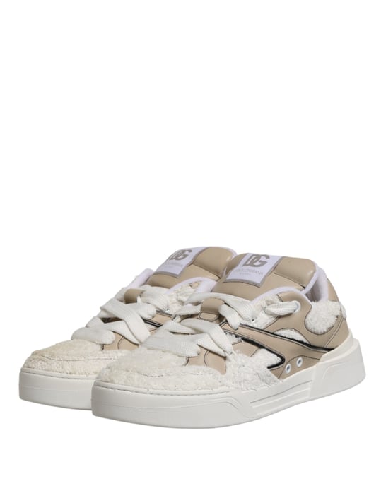 Dolce & Gabbana Weiße Beige Kunstfell Low Top Sneakers Schuhe - Image 5