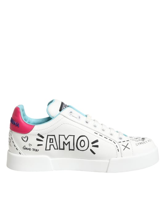 Dolce & Gabbana Weiße Leder-Graffiti Low Top Sneakers Schuhe - Image 2