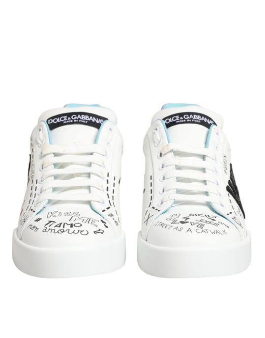 Dolce & Gabbana Weiße Leder-Graffiti Low Top Sneakers Schuhe - Image 3