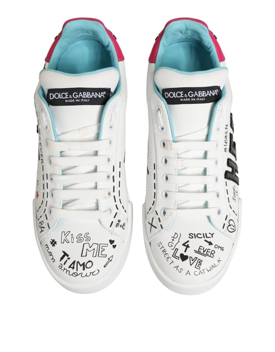 Dolce & Gabbana Weiße Leder-Graffiti Low Top Sneakers Schuhe - Image 4