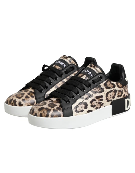 Dolce & Gabbana Braune Leder Leopard Low-Top Sneakers Schuhe - Image 4