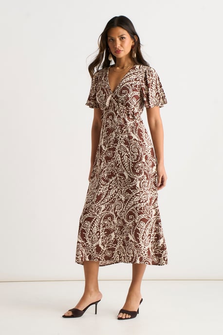 Schokoladenfarbenes Midikleid mit Paisleymuster und Rüschen - Image 3