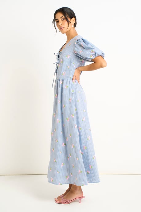 Blaues Baumwollmix-Krawattenkleid mit Puffärmeln - Image 3