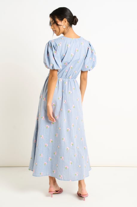Blaues Baumwollmix-Krawattenkleid mit Puffärmeln - Image 4