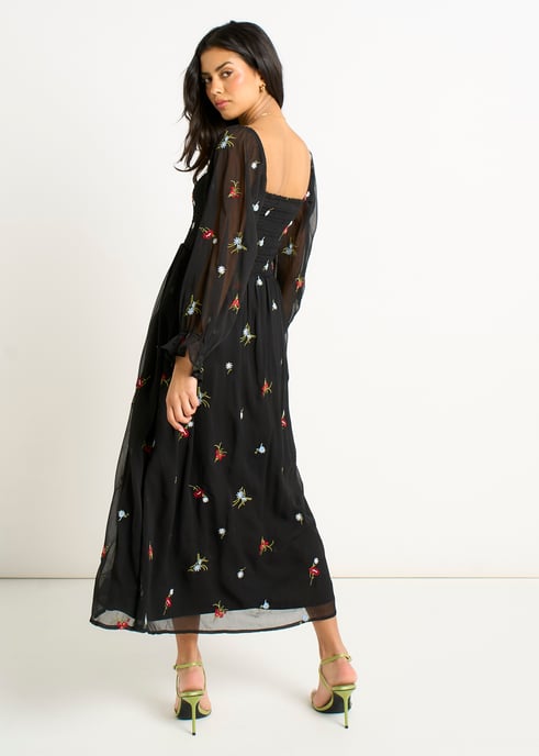Schwarzes geblümtes Chiffonkleid mit Stickerei - Image 4
