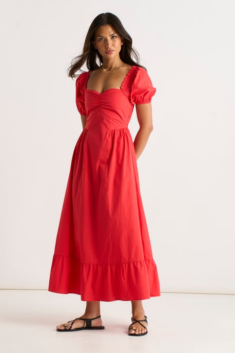 Rotes Zigeunerkleid mit Puffärmeln und Midaxi-Kleid - Image 3