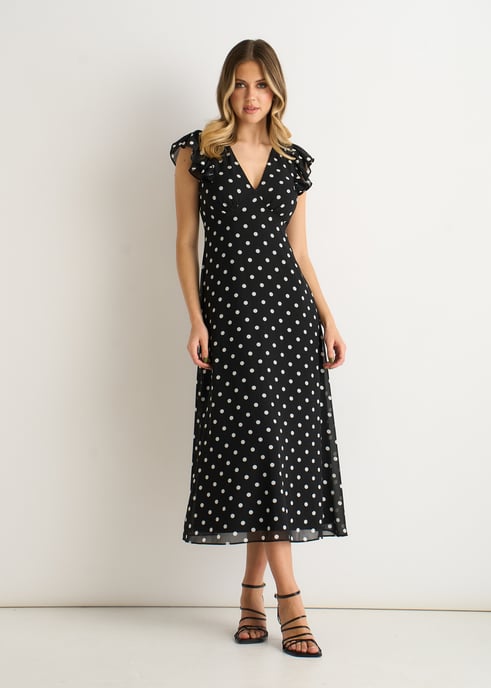 Schwarzes V-Ausschnitt Winkelärmel Skater Midikleid - Image 1