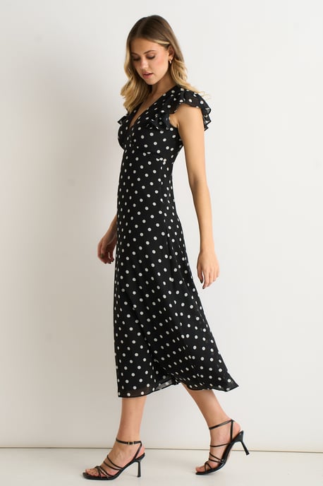 Schwarzes V-Ausschnitt Winkelärmel Skater Midikleid - Image 3