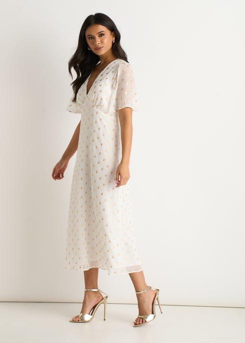 Weißes Midi-Skaterkleid mit V-Ausschnitt und Folie - Image 3