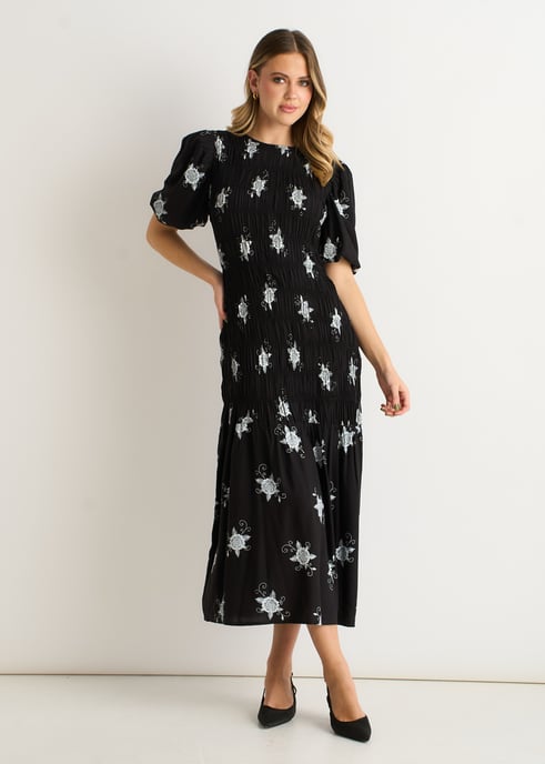Schwarzes Midikleid mit 3/4 Ärmeln und Paisley-Rüschen - Image 1