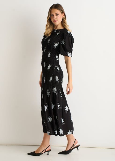 Schwarzes Midikleid mit 3/4 Ärmeln und Paisley-Rüschen - Image 3