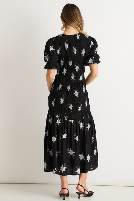 Schwarzes Midikleid mit 3/4 Ärmeln und Paisley-Rüschen - Image 4
