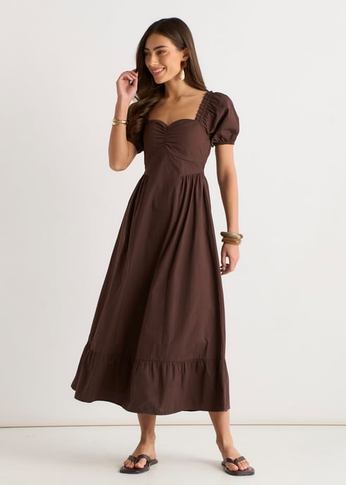 Braunes Zigeunerkleid mit Puffärmeln und Midaxi-Kleid - Image 3