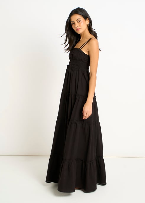 Schwarzes Maxikleid aus Baumwolle mit gerafften Trägern und Schlagseite - Image 3
