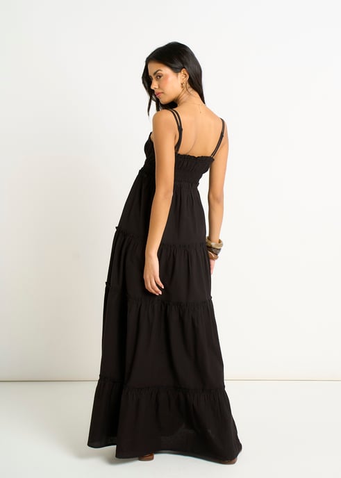 Schwarzes Maxikleid aus Baumwolle mit gerafften Trägern und Schlagseite - Image 4