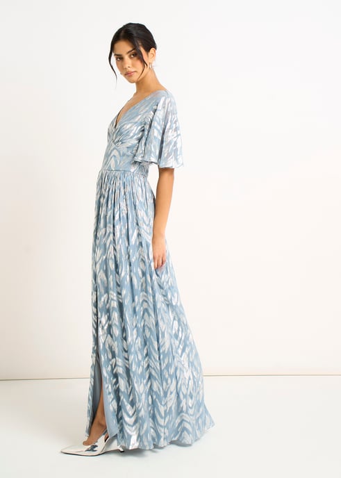 Blaues Metallic-Folien-Print Maxikleid mit kurzen Ärmeln - Image 3