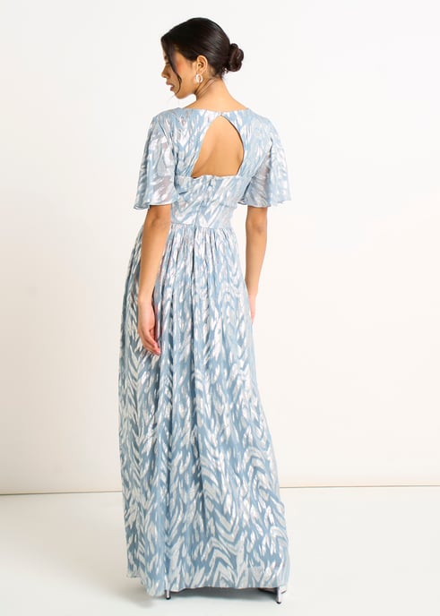 Blaues Metallic-Folien-Print Maxikleid mit kurzen Ärmeln - Image 4