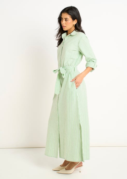 Grünes langärmeliges Seersucker-Streifen-Hemdkleid - Image 3