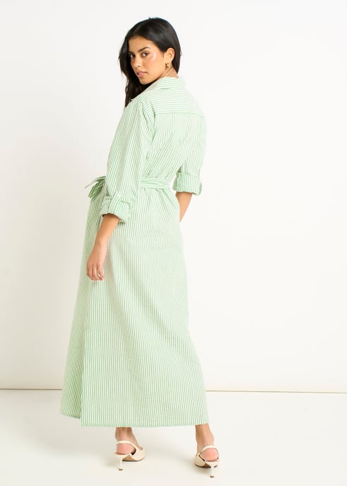 Grünes langärmeliges Seersucker-Streifen-Hemdkleid - Image 4