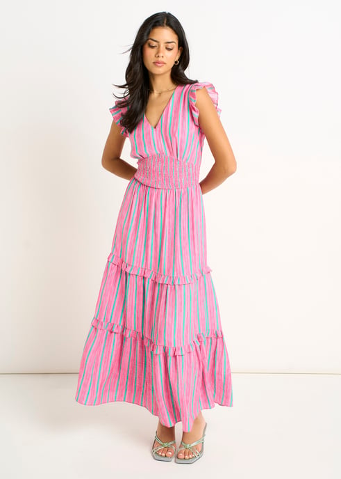 Rosa Sommerstreifen Maxikleid mit geraffter Taille - Image 1