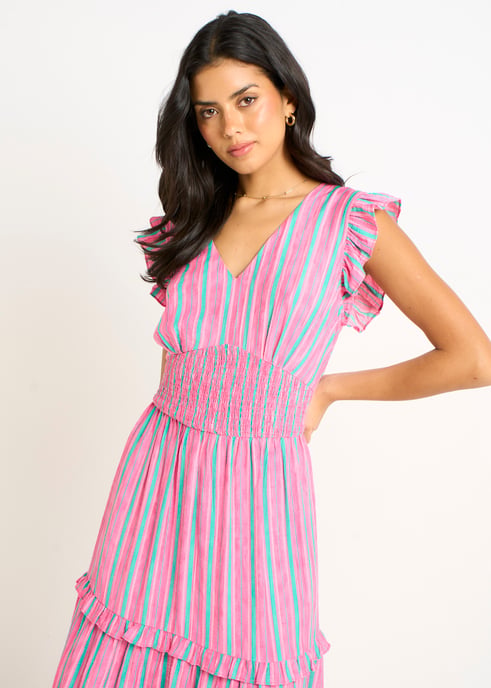 Rosa Sommerstreifen Maxikleid mit geraffter Taille - Image 2