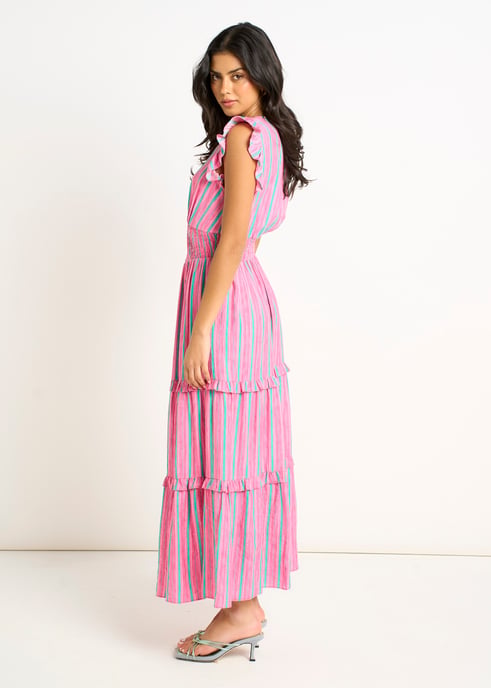 Rosa Sommerstreifen Maxikleid mit geraffter Taille - Image 3