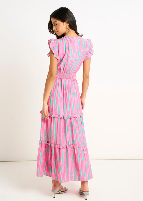 Rosa Sommerstreifen Maxikleid mit geraffter Taille - Image 4