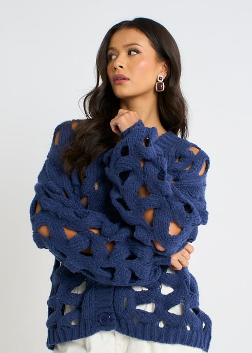 Marineblaue Strickjacke aus grobem Strick - Image 3