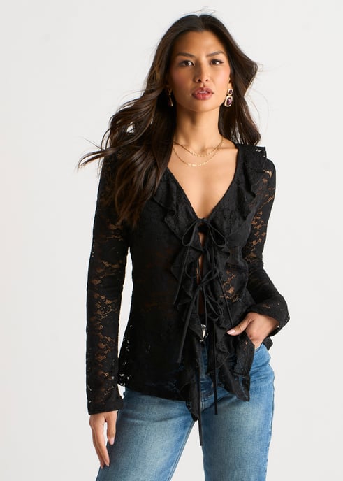 Schwarze Jersey-Spitzen-Rüschen-Bluse mit Krawatte - Image 1