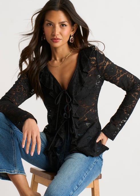 Schwarze Jersey-Spitzen-Rüschen-Bluse mit Krawatte - Image 2