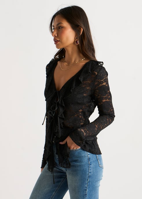 Schwarze Jersey-Spitzen-Rüschen-Bluse mit Krawatte - Image 3